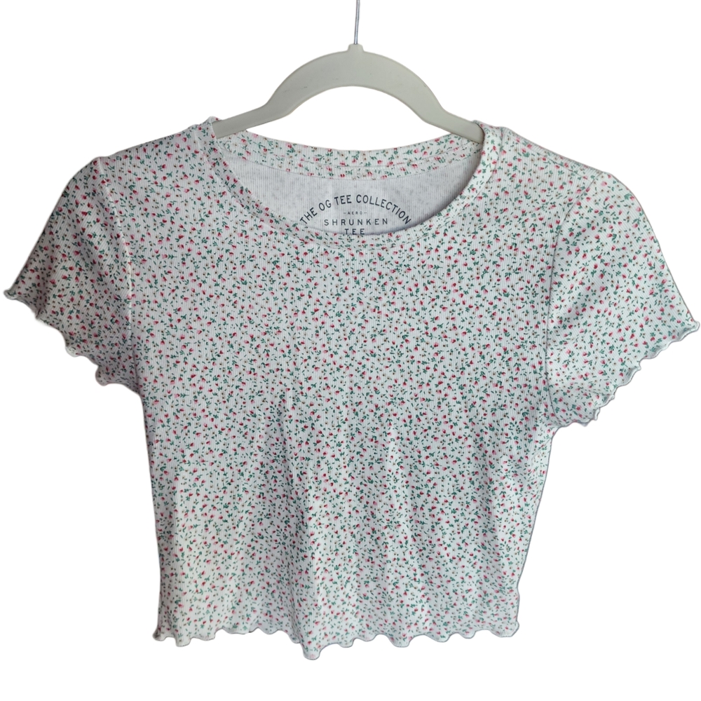 Aeropostale Floral Baby Tee Shrunken Ribbed Crop Top Womens M Cottagecore Y2K